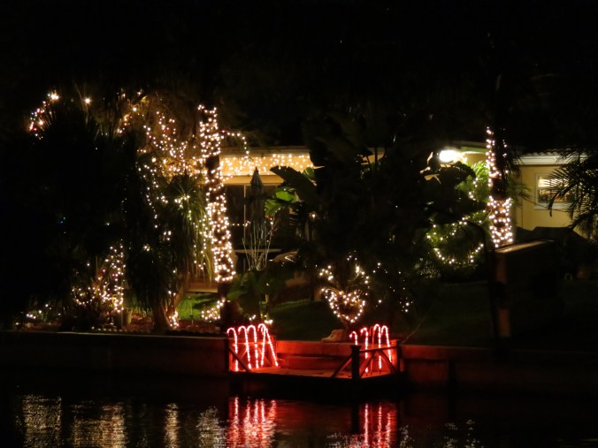 Christmas lights reflected in the canal.