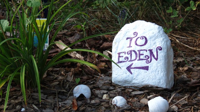 A painted rock points the way.