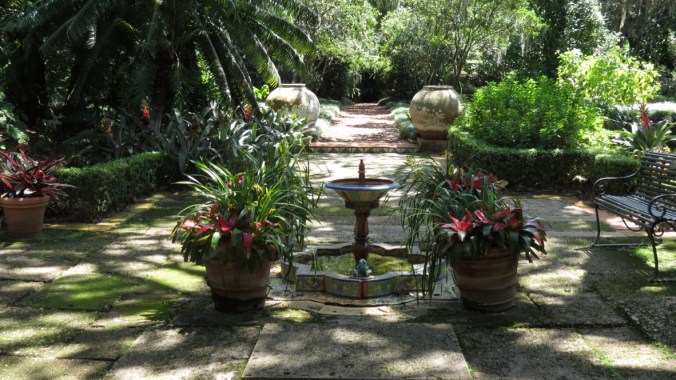 The patio at Pinewood Estate, a Mediterranean mansion that has been incorporated into the gardens.